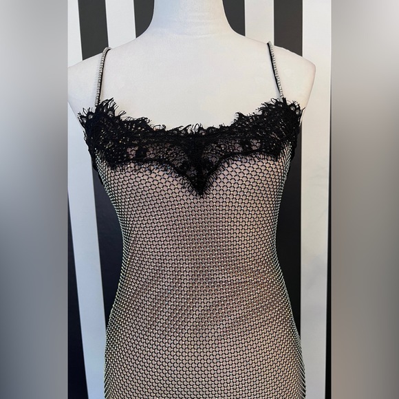 Nude Crystal Rhinestone Mesh Dress with Black Lace & Rhinestone Straps - NWT - Picture 5 of 10